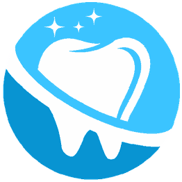 Icona di un dente bianco brillante con cerchio azzurro e linee scintillanti.