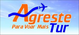 Logotipo da Agreste Tur com um avião voando sobre o texto "Para Voar Mais", fundo azul claro.