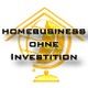 Text "Homebusiness ohne Investition" vor gelbem Globus-Hintergrund mit Hausumriss.
