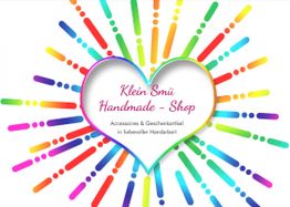 Herz mit buntem Strahlenkranz, Text: "Klein Smü Handmade - Shop. Accessoires & Geschenkartikel".