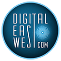 Blauw logo met de tekst "Digital East West .com" en een stralend patroon in het midden.