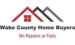 Red and gray roof logo for Wake County Home Buyers. Text: "No Repairs or Fees."