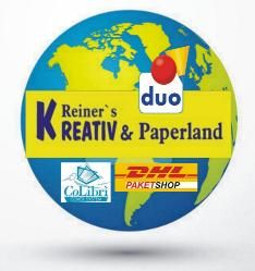 Kreativ & Paperland Logo auf Weltkarte, mit DHL, duo und CoLibrì Logos, gelber Hintergrund.
