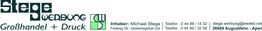 Visitenkarte von Stege Werbung, Großhandel und Druck, mit Kontaktdaten und Adresse in Augustfehn.