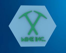 Logo met twee groene houweels en tekst "MINE INC." op een blauwe hexagonale achtergrond.