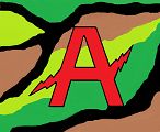 Roter Blitzbuchstabe "A" auf buntem Hintergrund mit grünen, braunen und schwarzen Flächen.
