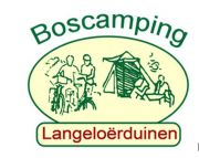 Afbeelding van logo met "Boscamping Langeloërduinen", campingactiviteiten in groene en rode tekst.