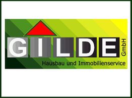Logo der GILDE GmbH: Hausbau und Immobilienservice, mit grünem Farbverlauf und rotem Dach.