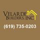 Logo for Velarde Builders, Inc. with a phone number and a yellow house roof design.