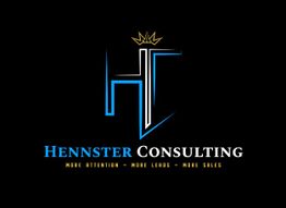 Logo for Hennster Consulting with a stylized 'HC' and crown, tagline below: more attention, leads, sales.