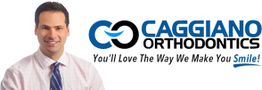 Man in a white shirt beside the Caggiano Orthodontics logo and slogan about smiling.
