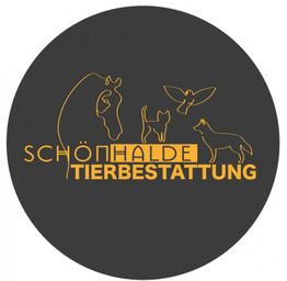 Kreis-Logo von Schönhalde Tierbestattung mit stilisierten Tieren: Pferd, Katze, Vogel, Hund.