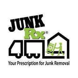 Junk Rx logo with a truck and person moving recycling into a house. Text: "Your Prescription for Junk Removal."
