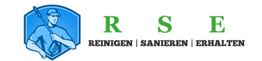 Logo mit blauem Arbeiter, Text: RSE - Reinigen, Sanieren, Erhalten.