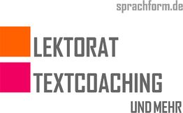 Logo mit Text: "LEKTORAT TEXTCOACHING UND MEHR" in Grau, Quadrate in Orange und Pink, sprachform.de.