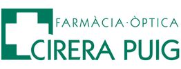 Logotipo de farmacia con cruz blanca y texto verde: "Farmàcia Òptica Cirera Puig".