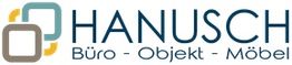 Logo von Hanusch mit Text "Büro - Objekt - Möbel" und stilisierten Quadraten links oben.