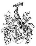 Wappen mit Schild, Rüstungsarm und Keule, umgeben von verzierten Blättern und Schnörkeln.