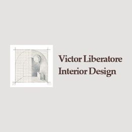 Logo with geometric design and text "Victor Liberatore Interior Design" on a gray background.