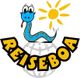 Comic-Schlange mit Sonne und Schriftzug "Reiseboa" auf Globus.