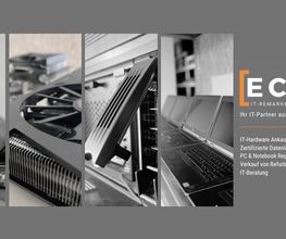 Collage aus IT-Dienstleistungen mit Logo und Text über Hardware-Ankauf und IT-Beratung.