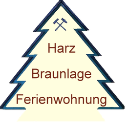 Ein Tannenbaum-Logo mit "Harz Braunlage Ferienwohnung" in brauner Schrift und zwei Werkzeugen oben.