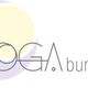 Logo mit Schriftzug "YOGA burkART", pastellfarbiger Halbmond und hellgelber Kreis im Hintergrund.