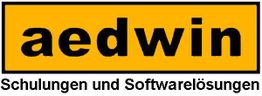 Gelbes Logo mit schwarzem Text "aedwin" und darunter "Schulungen und Softwarelösungen".