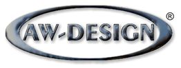 Logo mit der Aufschrift "AW-DESIGN" in einem metallischen Stil, umgeben von einem ovalen Ring.