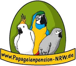 Drei Papageien in einem Logo mit der Website www.Papageienpension-NRW.de.