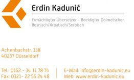 Visitenkarte von Erdin Kadunić, Übersetzer für Bosnisch/Kroatisch/Serbisch, mit Kontaktinfos.