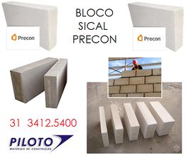 Blocos de construção Sical Precon em várias posições e aplicações, com logo Piloto e telefone.
