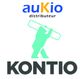 Logo avec texte "auKio distributeur" en haut et un ours vert portant une poutre au-dessus de "KONTIO".