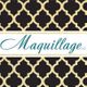 Elegant gold and black patterned background with "Maquillage LLC" written in teal script.