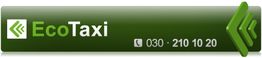 Grünes EcoTaxi-Logo mit Telefonnummer: 030 - 210 10 20.