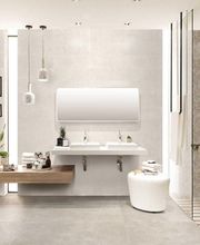 Bagno moderno con doppi lavandini, specchio, piante e doccia in fondo a destra.