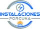 Logotipo de Instalaciones Porcuna con un rayo y un edificio bajo el sol.