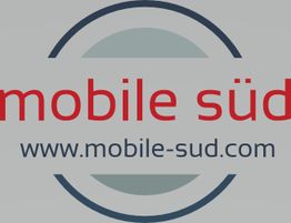 Logo mit rotem Schriftzug "mobile süd" und Webseite "www.mobile-sud.com" auf grauem Hintergrund.