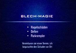 Blauer Hintergrund mit Text über Reparatur von Hagelschäden, Dellen und Parkremplern.