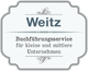 Weitz Buchführungsservice-Logo für kleine und mittlere Unternehmen mit dekorativem Rahmen.