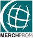 Logo mit stilisiertem Globus und Text "MERCHPROM" darunter. Hintergrundfarbe ist türkis.