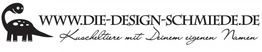 Logo mit Dinosaurier und Text: "www.die-design-schmiede.de, Kuscheltiere mit Deinem eigenen Namen".