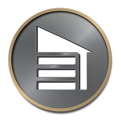 Icon with building silhouette and horizontal lines on a gray metallic circle with brass edge.