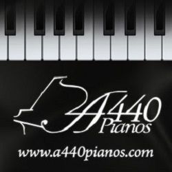 Piano keys with "A440 Pianos" logo and website URL on a black background.