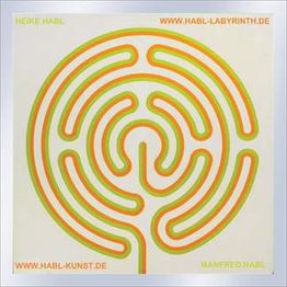 Konzentriche Spirale grün-orange, Text: „Heike Habl“, „Manfred Habl“, Webseiten-Links.