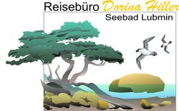 Illustration eines Baumes am Meer mit fliegenden Möwen. Text: "Reisebüro Dorina Hiller".