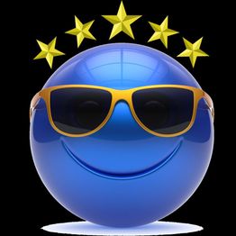 Carita azul con gafas de sol y cinco estrellas amarillas arriba sobre fondo negro.