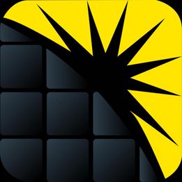 Ein Symbol mit schwarzer Sonne und gelben Strahlen über einem Raster aus schwarzen Quadraten.