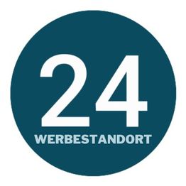 Zahl 24 in einem blauen Kreis, darunter der Text "WERBESTANDORT".