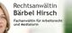 Linke Seite einer Visitenkarte: Rechtsanwältin Bärbel Hirsch, Fachanwältin für Arbeitsrecht.